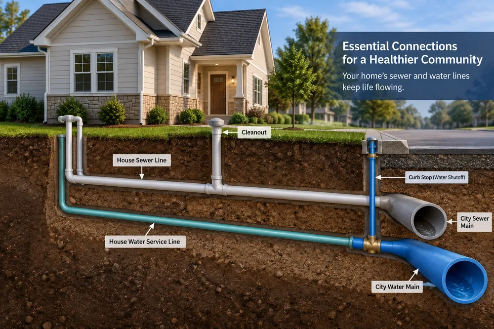 Underground sewer line repair diagram showing a house connection to the city sewer main