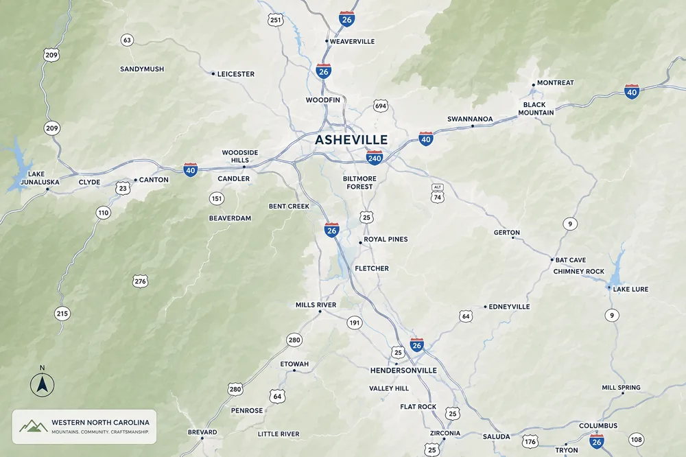 Map of Western North Carolina showing Wolfe Plumbing's service area around Asheville and Hendersonville