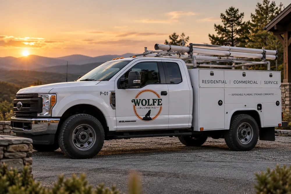 Wolfe Plumbing service truck parked in the Western North Carolina mountains at sunset